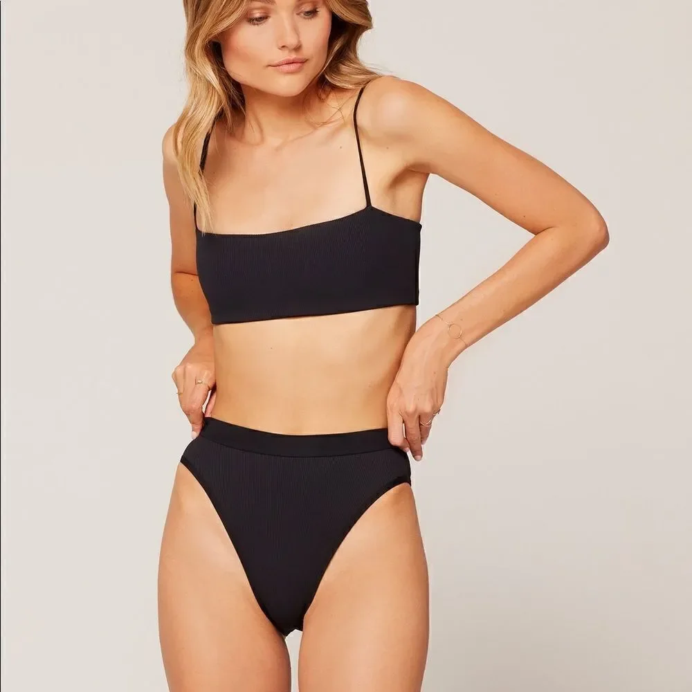 L*SPACE BLACK PORTIA HIGH WAIST BITSY CUT BIKINI.